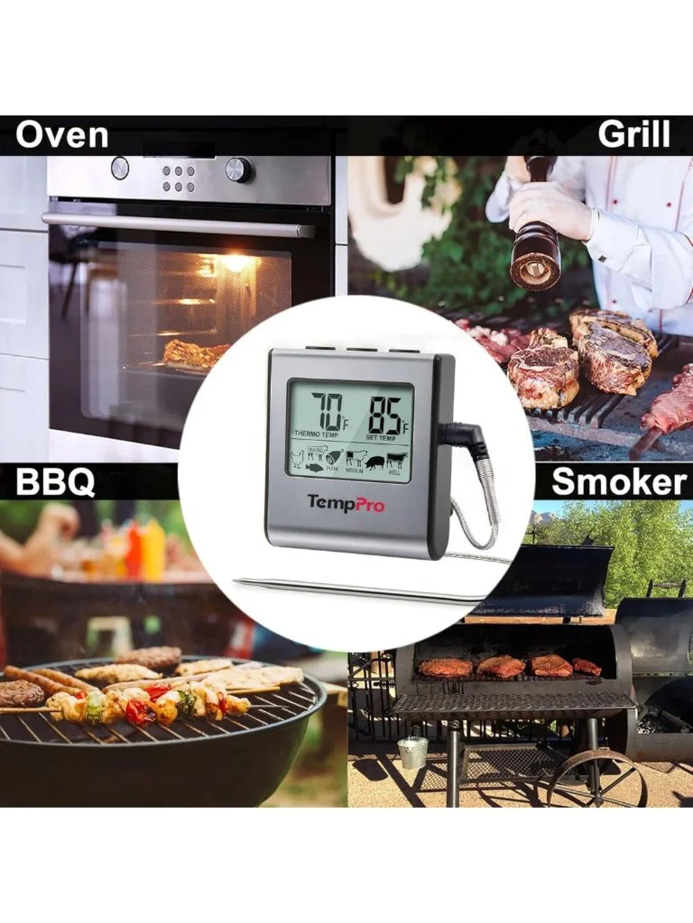 Large LCD Digital Meat Thermometer for BBQ, Grill & Oven - Cooking Timer & Probe